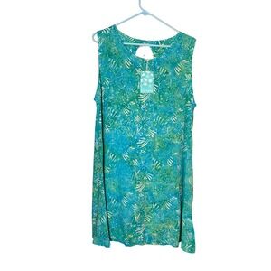 Bali Batiks Womens XL Tropical Teal Green Rayon Sleeveless Shift Dress NWT BM50